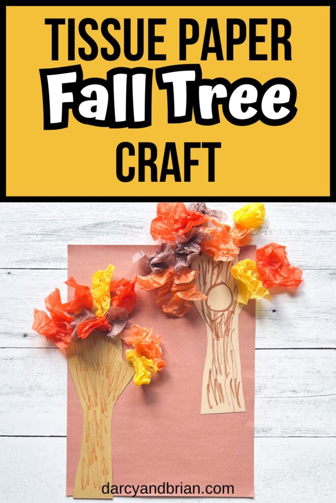 Two completed fall tree crafts made with construction paper and tissue paper.