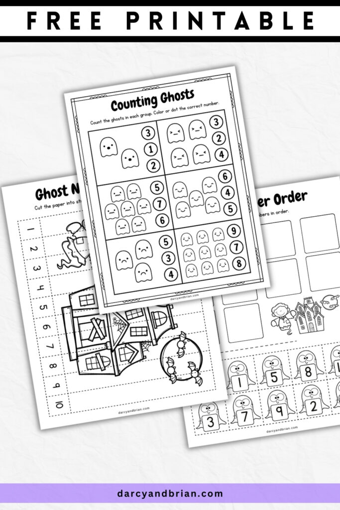 Preview of three worksheets. One for counting ghosts, another with a ghost and haunted house number puzzle, and a ghost cut and paste number order page.