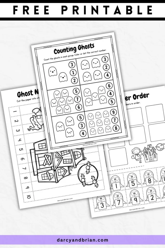 Preview of three worksheets. One for counting ghosts, another with a ghost and haunted house number puzzle, and a ghost cut and paste number order page.