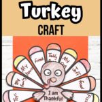 White text outlined in black on light brown background says Thankful Turkey Craft. Below that is a photo of a completed gratitude turkey with things written on the feathers. The turkey is laying on orange paper.