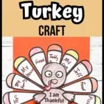 White text outlined in black on light brown background says Thankful Turkey Craft. Below that is a photo of a completed gratitude turkey with things written on the feathers. The turkey is laying on orange paper.