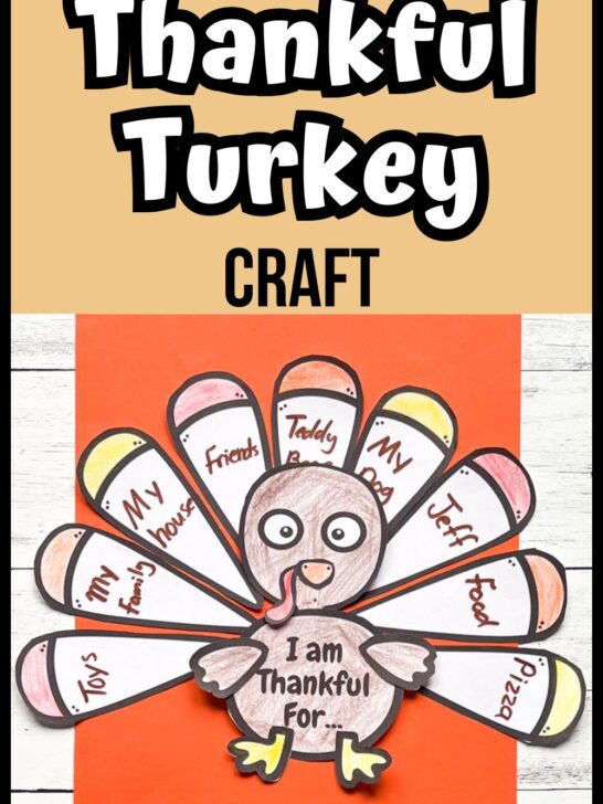 White text outlined in black on light brown background says Thankful Turkey Craft. Below that is a photo of a completed gratitude turkey with things written on the feathers. The turkey is laying on orange paper.