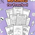 A cover page of the all worksheets for this Halloween-themed printable for Preschool. It has unique halloween-themed images placed on its purple background.