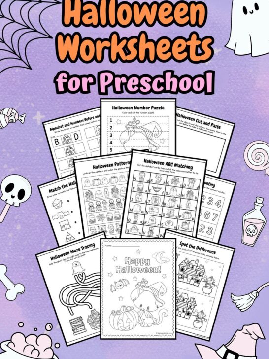 A cover page of the all worksheets for this Halloween-themed printable for Preschool. It has unique halloween-themed images placed on its purple background.