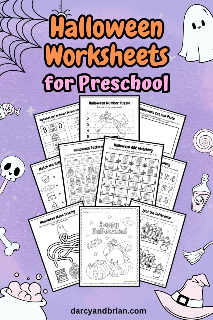 A cover page of the all worksheets for this Halloween-themed printable for Preschool. It has unique halloween-themed images placed on its purple background.