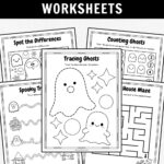 Black and white text on purple and black background along the top says Free Printable Ten Timid Ghosts Worksheets. Mockup of five of the activity pages with tracing, maze and more.