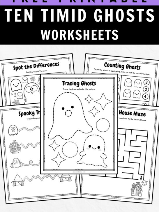 Black and white text on purple and black background along the top says Free Printable Ten Timid Ghosts Worksheets. Mockup of five of the activity pages with tracing, maze and more.