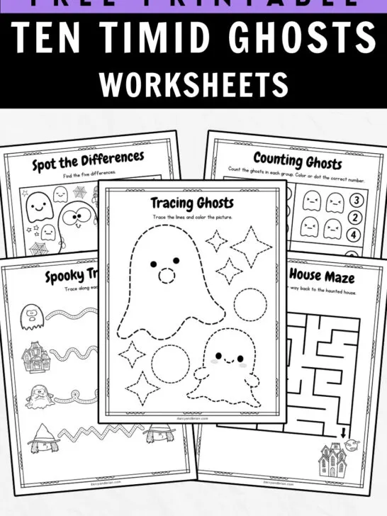 Black and white text on purple and black background along the top says Free Printable Ten Timid Ghosts Worksheets. Mockup of five of the activity pages with tracing, maze and more.