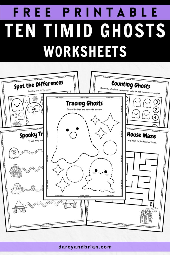 Black and white text on purple and black background along the top says Free Printable Ten Timid Ghosts Worksheets. Mockup of five of the activity pages with tracing, maze and more.