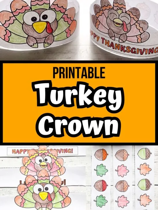 Paper crowns printed out, colored in, and assembled with turkeys on them.