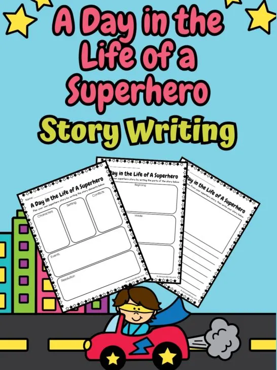 It has three pages of printables placed in a blue background with Superhero designs.