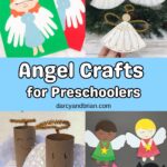 Collage of four different types of angel craft projects that young children can make. The middle has white text outlined in black on a light blue background that says Angel Crafts for Preschoolers.