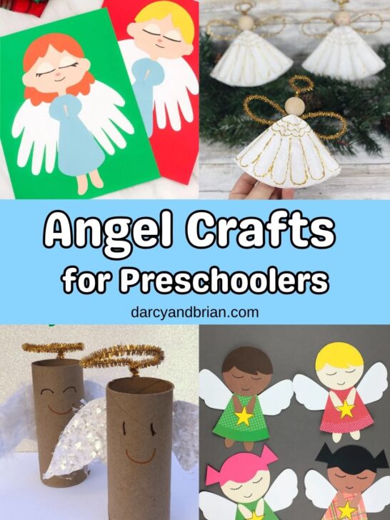 Collage of four different types of angel craft projects that young children can make. The middle has white text outlined in black on a light blue background that says Angel Crafts for Preschoolers.