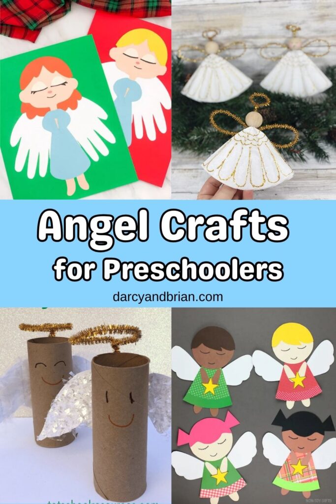 Collage of four different types of angel craft projects that young children can make. The middle has white text outlined in black on a light blue background that says Angel Crafts for Preschoolers.