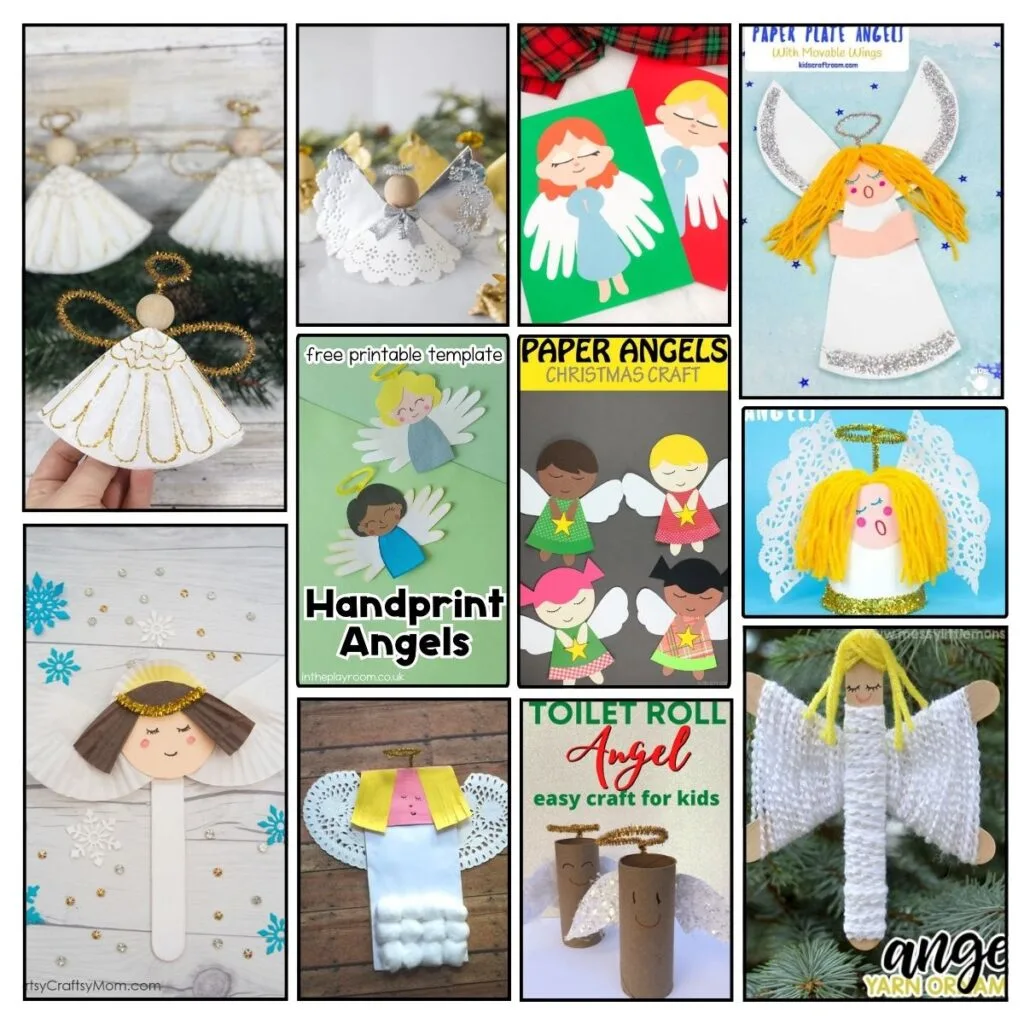 Collage of 11 angel craft ideas for kids made using a variety of simple materials.