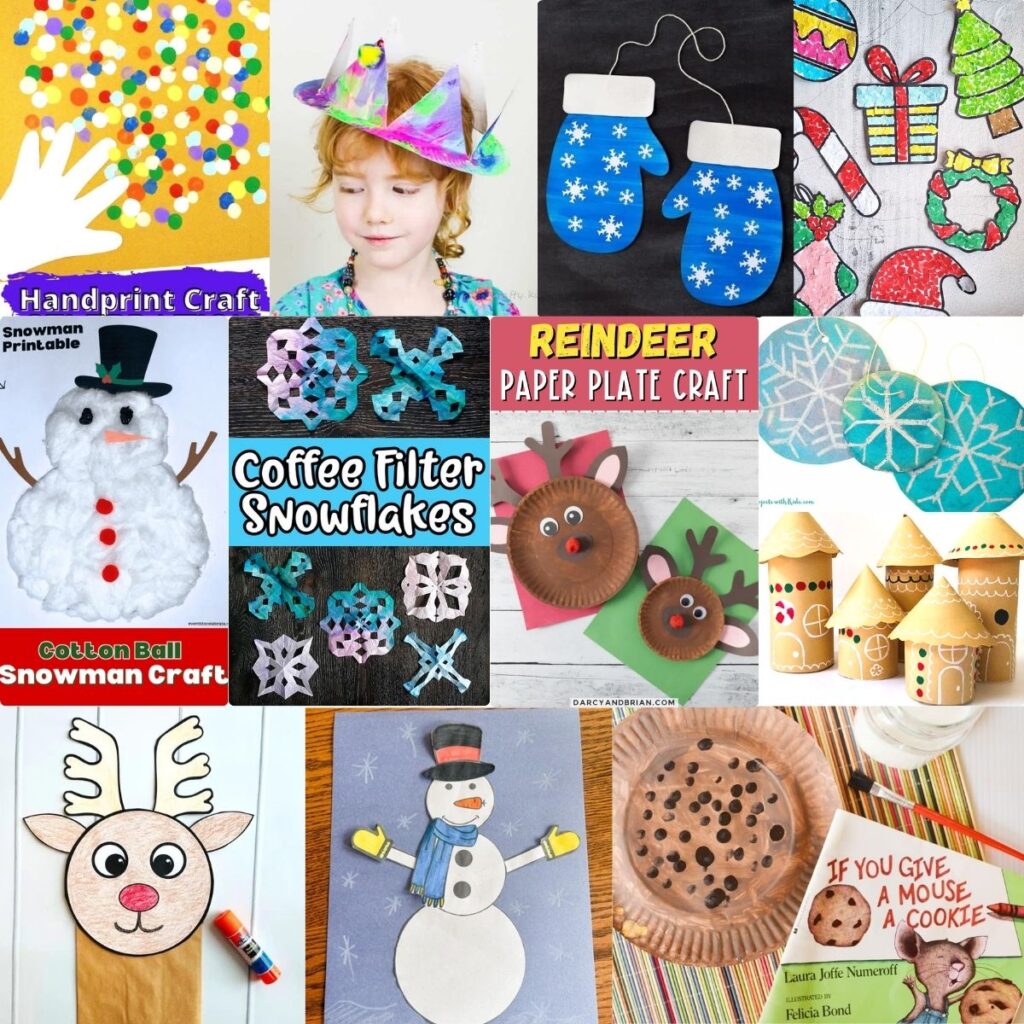 Square collage of over 10 different craft projects little kids can make in December. Includes winter themes, Christmas, and New Year's Eve.