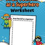 One page drawing worksheet placed in a blue background with Superheroes and special effect as designs.