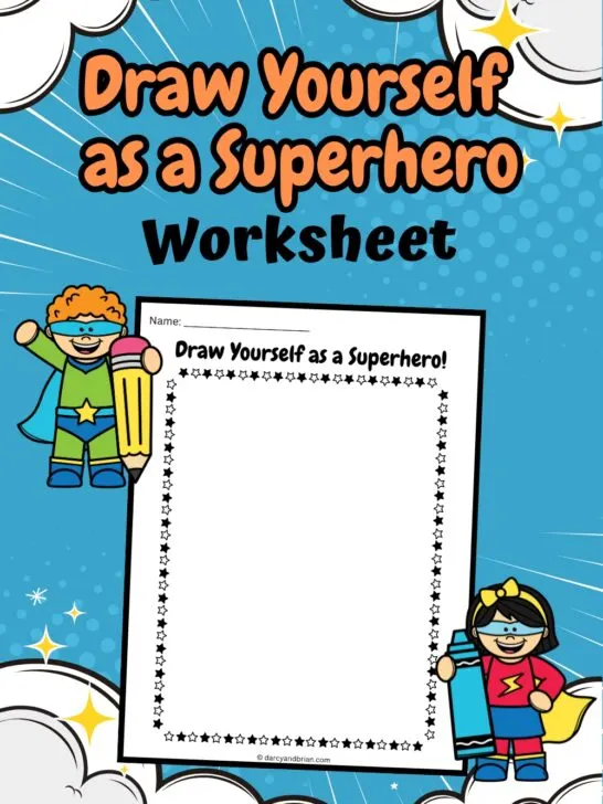 One page drawing worksheet placed in a blue background with Superheroes and special effect as designs.