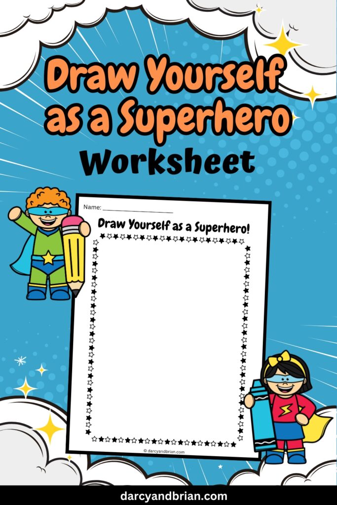 One page drawing worksheet placed in a blue background with Superheroes and special effect as designs.