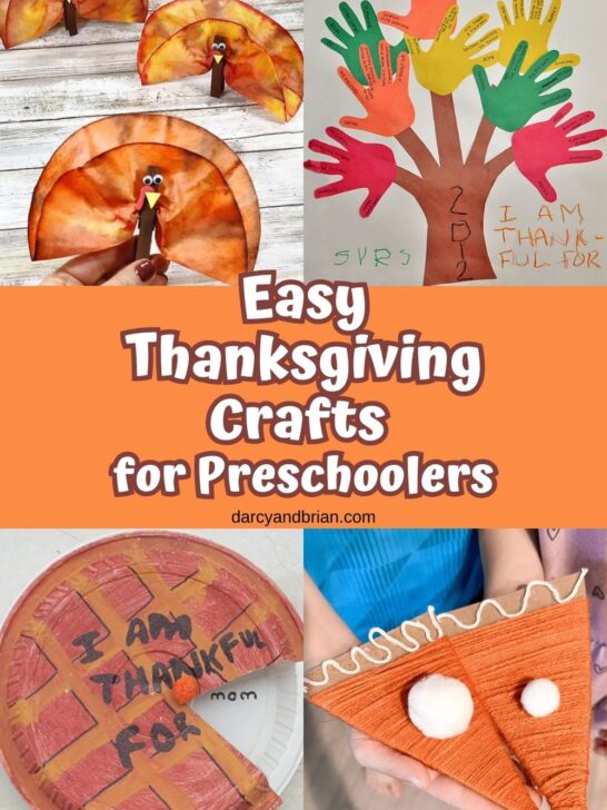 Collage of four different craft projects perfect for Thanksgiving. At the top are coffee filter turkeys and a handprint tree. The bottom two are different pie creations. The text in the middle says Easy Thanksgiving Crafts for Preschoolers.