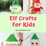 Collage of crafts featuring elves made using mini flower pots, paper plates, paper, and craft sticks.