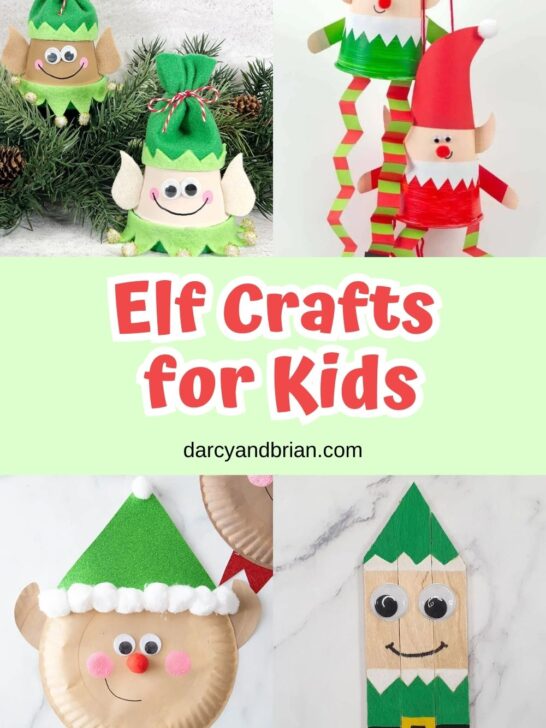 Collage of crafts featuring elves made using mini flower pots, paper plates, paper, and craft sticks.