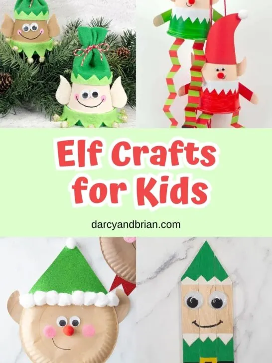 Collage of crafts featuring elves made using mini flower pots, paper plates, paper, and craft sticks.