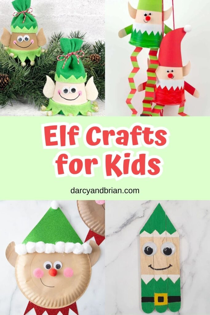 Collage of crafts featuring elves made using mini flower pots, paper plates, paper, and craft sticks.