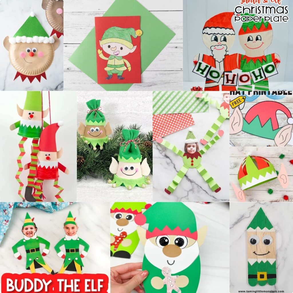 Square collage of 10 different elf craft ideas for kids to make.