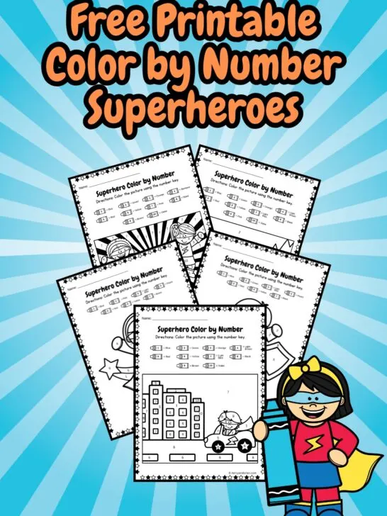 There are five pages of color by number printables placed in a blue background with a superhero image.