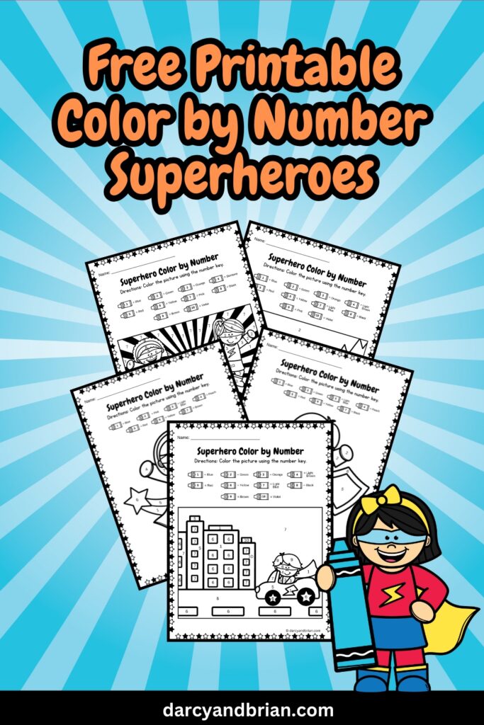 There are five pages of superhero color by number printables placed in a blue background with a superhero image.