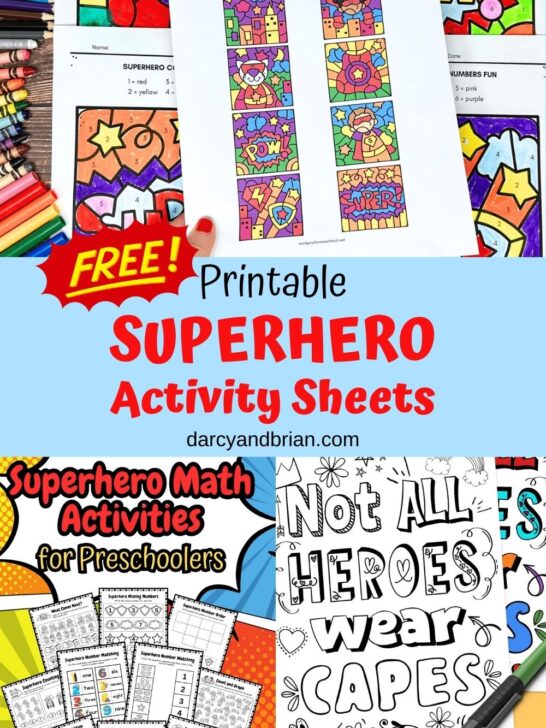 Collage image showing some of the fun superhero themed printable pages featured in the post.