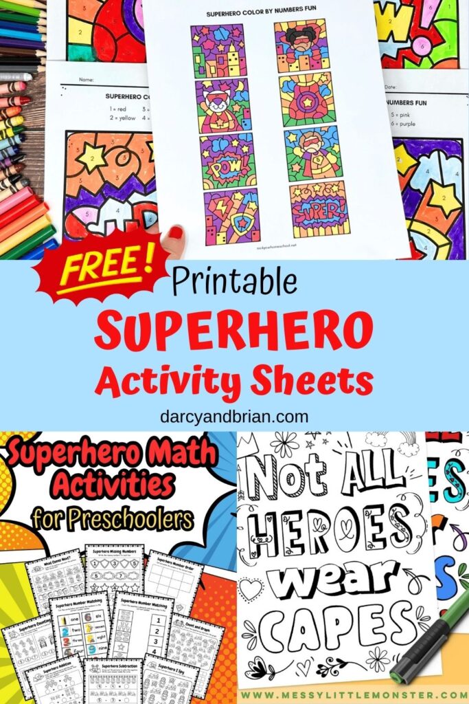 Collage image showing some of the fun superhero themed printable pages featured in the post.