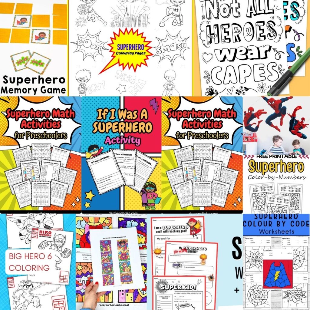 Square collage image showing different worksheets, coloring pages, and other activity pages with superhero themes and images. They cover a variety skills for kids to work on.