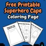 Preview of three blank pages for coloring and designing your own superhero cape on a background of a night sky over city buildings.