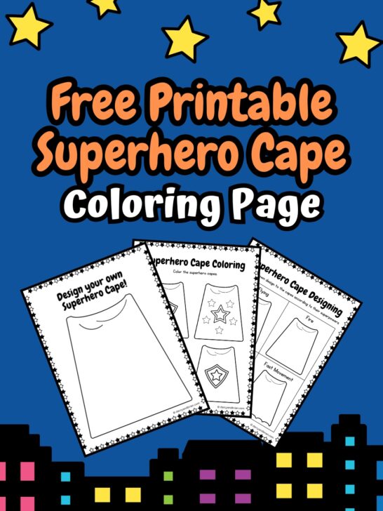 Preview of three blank pages for coloring and designing your own superhero cape on a background of a night sky over city buildings.