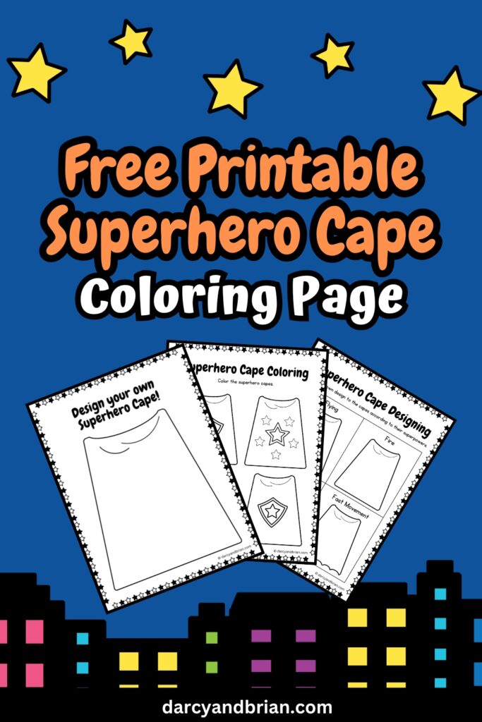 Preview of three blank pages for coloring and designing your own superhero cape on a background of a night sky over city buildings.