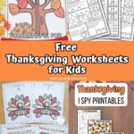 Collage with different Thanksgiving themed worksheets for kids such as math practice, letter matching, I Spy, and making a gratitude tree.