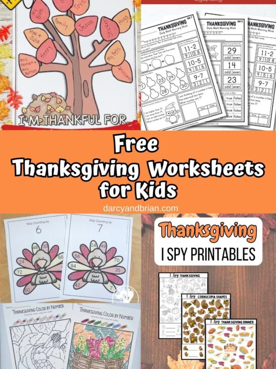 Collage with different Thanksgiving themed worksheets for kids such as math practice, letter matching, I Spy, and making a gratitude tree.