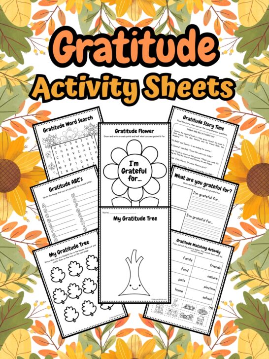 Orange text along the top says Gratitude Activity Sheets above 8 overlapping pages on a sunflower background.