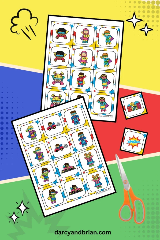 There are two pages of colorful Superheroes that needs to be cut for the Matching Game placed in a colorful comic style background.