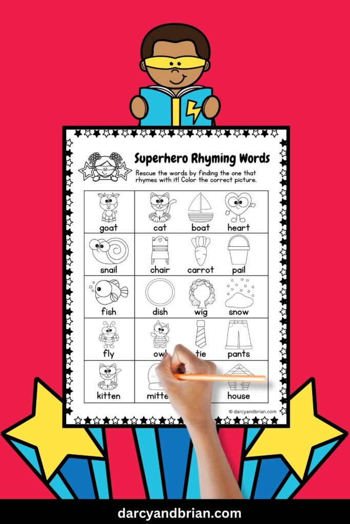 There's a page of Superhero Rhyming Words activity where they can find and color the correct picture. This is placed on a dark red background with a superhero design.