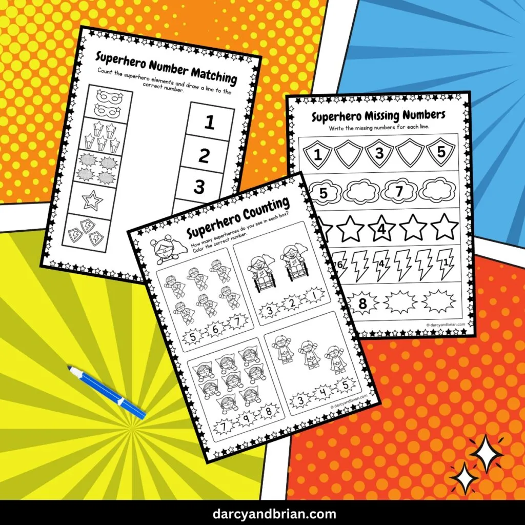 Three superhero themed math worksheets. Includes missing numbers, counting, and number matching. The page previews are on a comic book panel inspired background.