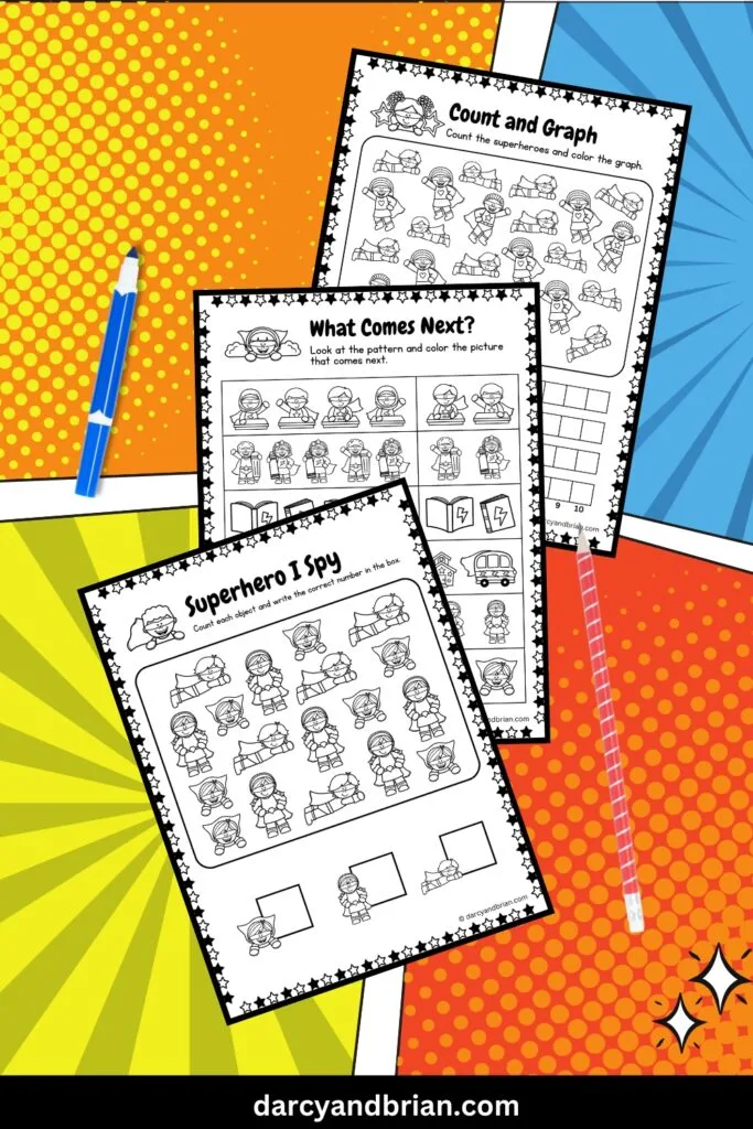 There are three pages namely, Count and Graph, What comes Next, and I Spy worksheets for kids, comes with a blue marker and a pencil all placed in a colorful Superhero effect background.