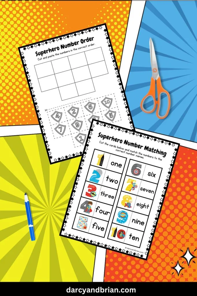 Two pages of Math printables for number matching and number ordering with scissors and blue marker places in a colorful Superhero effect background.