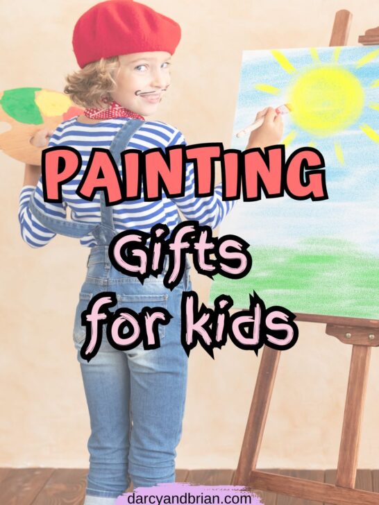 Child wearing striped shirt, overalls, and a red beret standing in front of an easel painting. Text overlay says Painting Gifts for Kids.