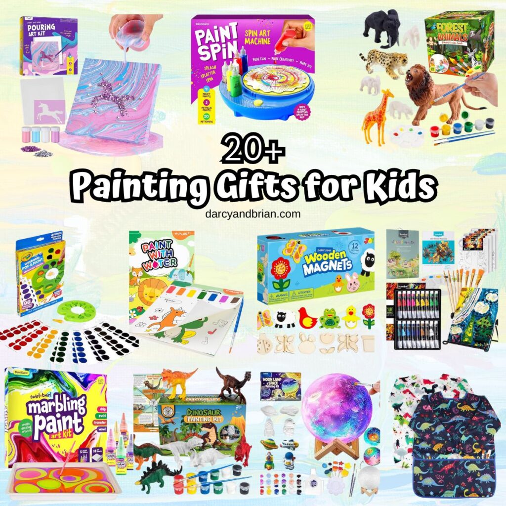 Collage of different art items that make good presents for children such as rock painting kits, art smocks, etc.