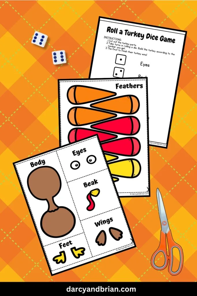 There are three pages of the turkey parts and dice to be printed all placed in a bright yellow and orange background.