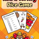 There are three pages of Roll a Dice Game Printable where kids can create their own Turkeys. All placed in yellow and orange background with a big turkey and dices as designs.