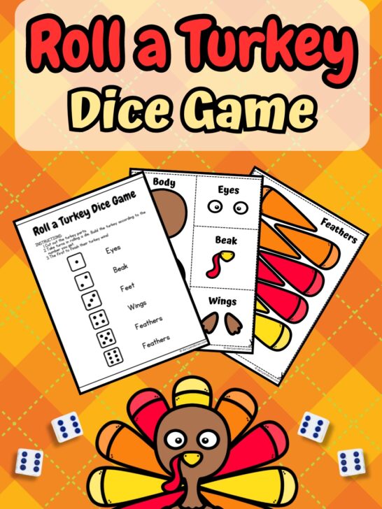 There are three pages of Roll a Dice Game Printable where kids can create their own Turkeys. All placed in yellow and orange background with a big turkey and dices as designs.